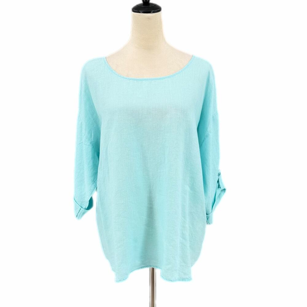 Eileen Fisher 100% Linen Aqua 3/4 Sleeve Round Neck Lightweight Chic Blouse Top